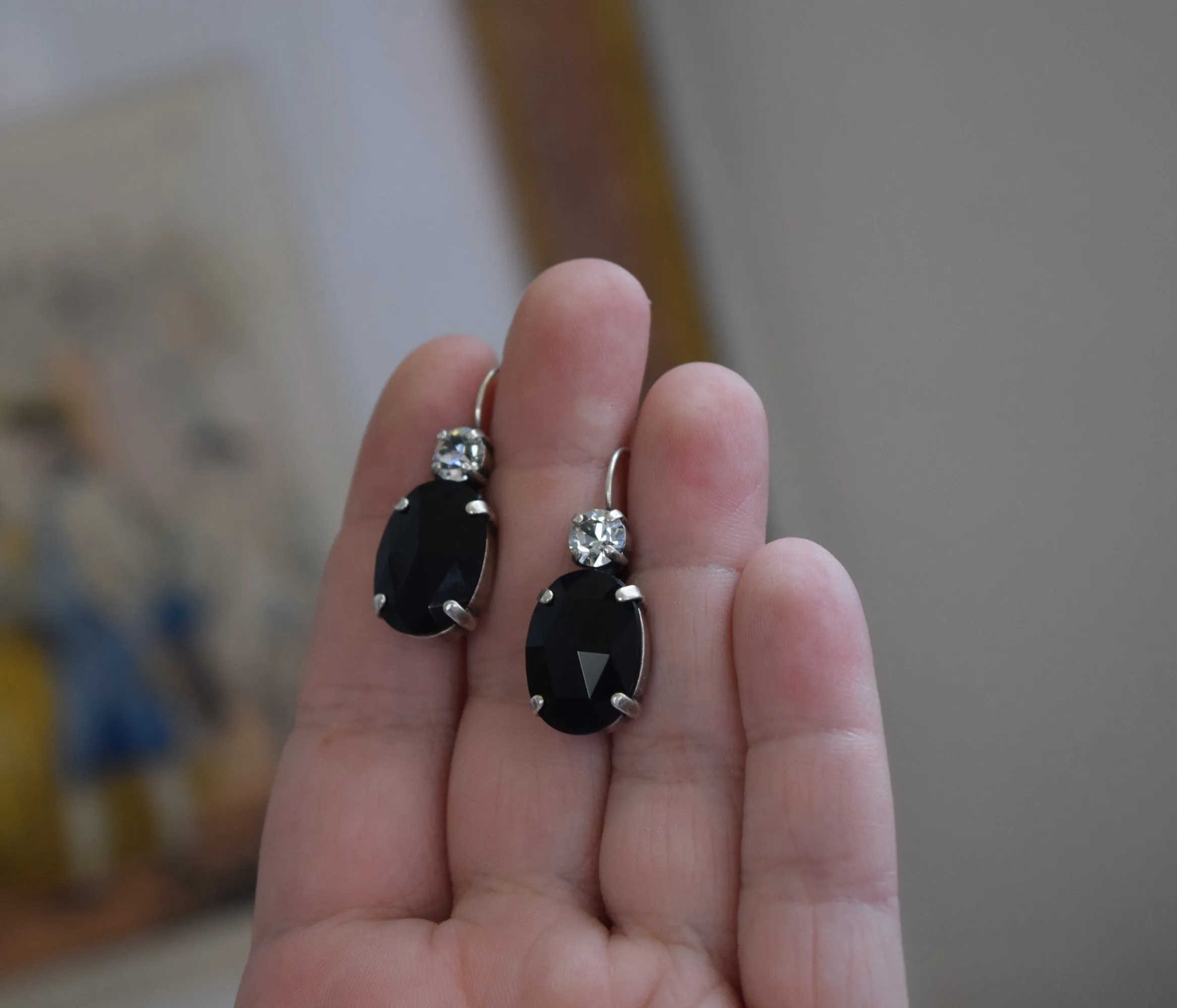 Black Onyx and Crystal 2-Stone Crystal Earrings - Large Oval