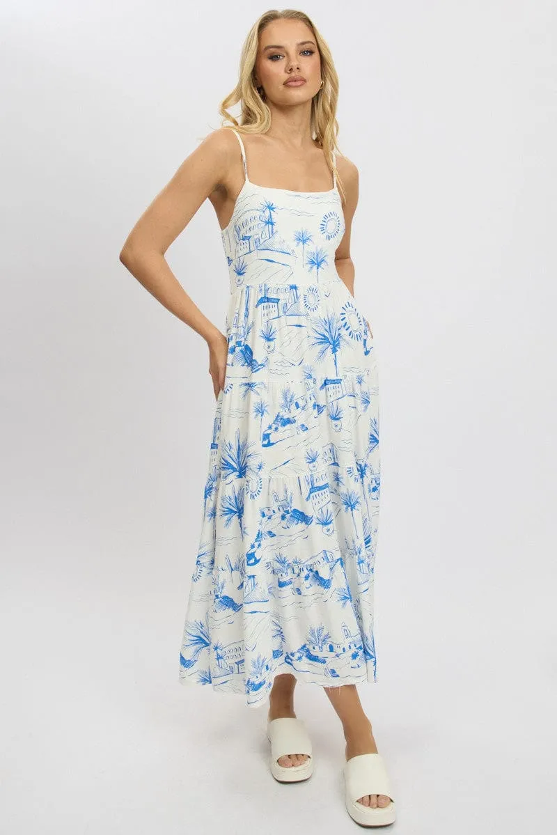 Blue Abstract Maxi Dress Tiered Strappy