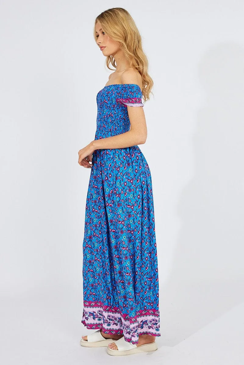 Blue Boho Maxi Dress Off Shoulder