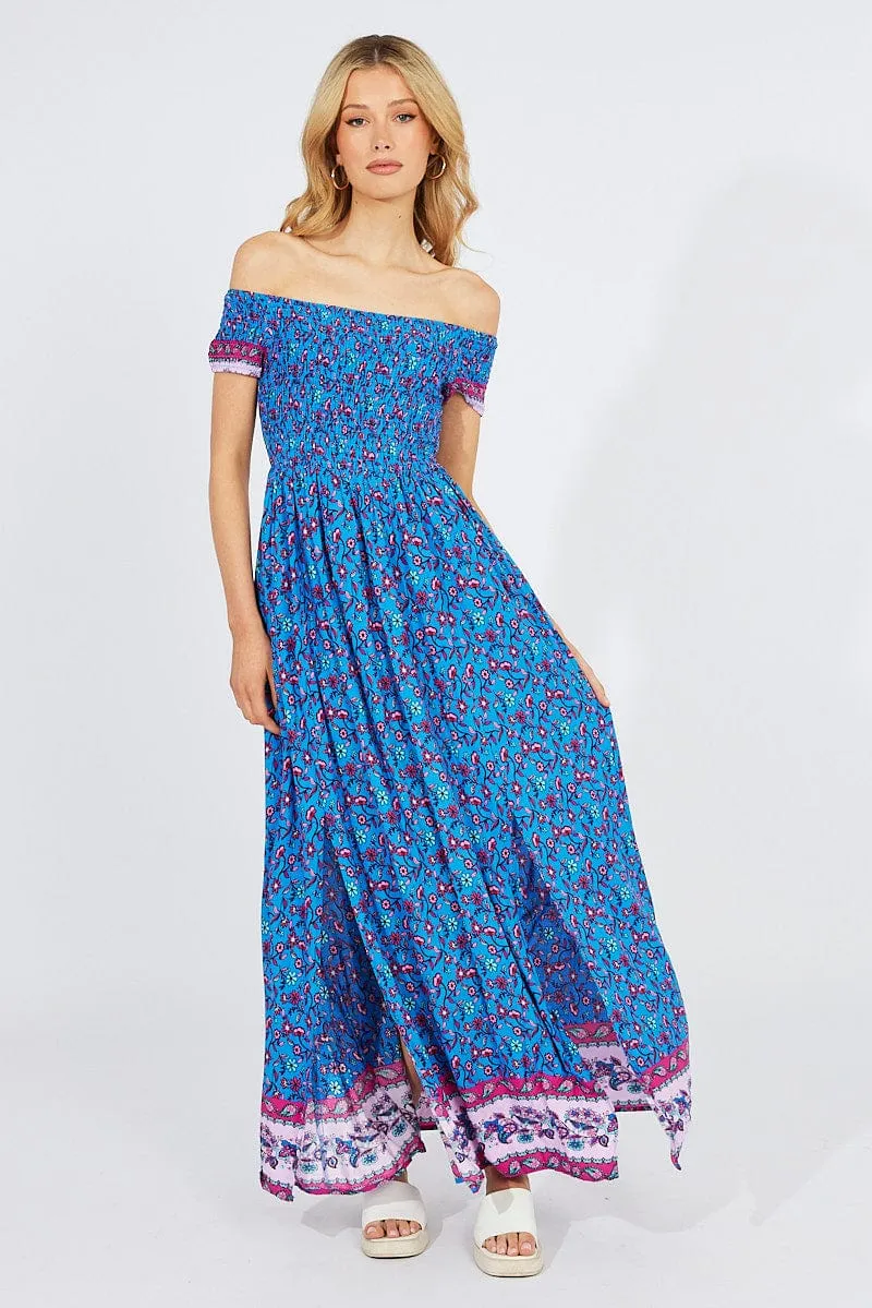 Blue Boho Maxi Dress Off Shoulder