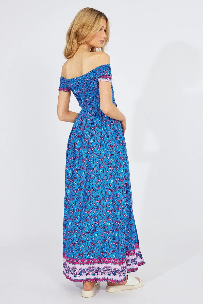 Blue Boho Maxi Dress Off Shoulder