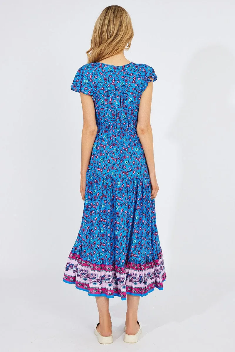 Blue Boho Maxi Dress Short Sleeve