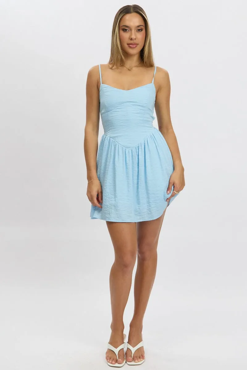 Blue Fit And Flare Dress Drop Waist Mini