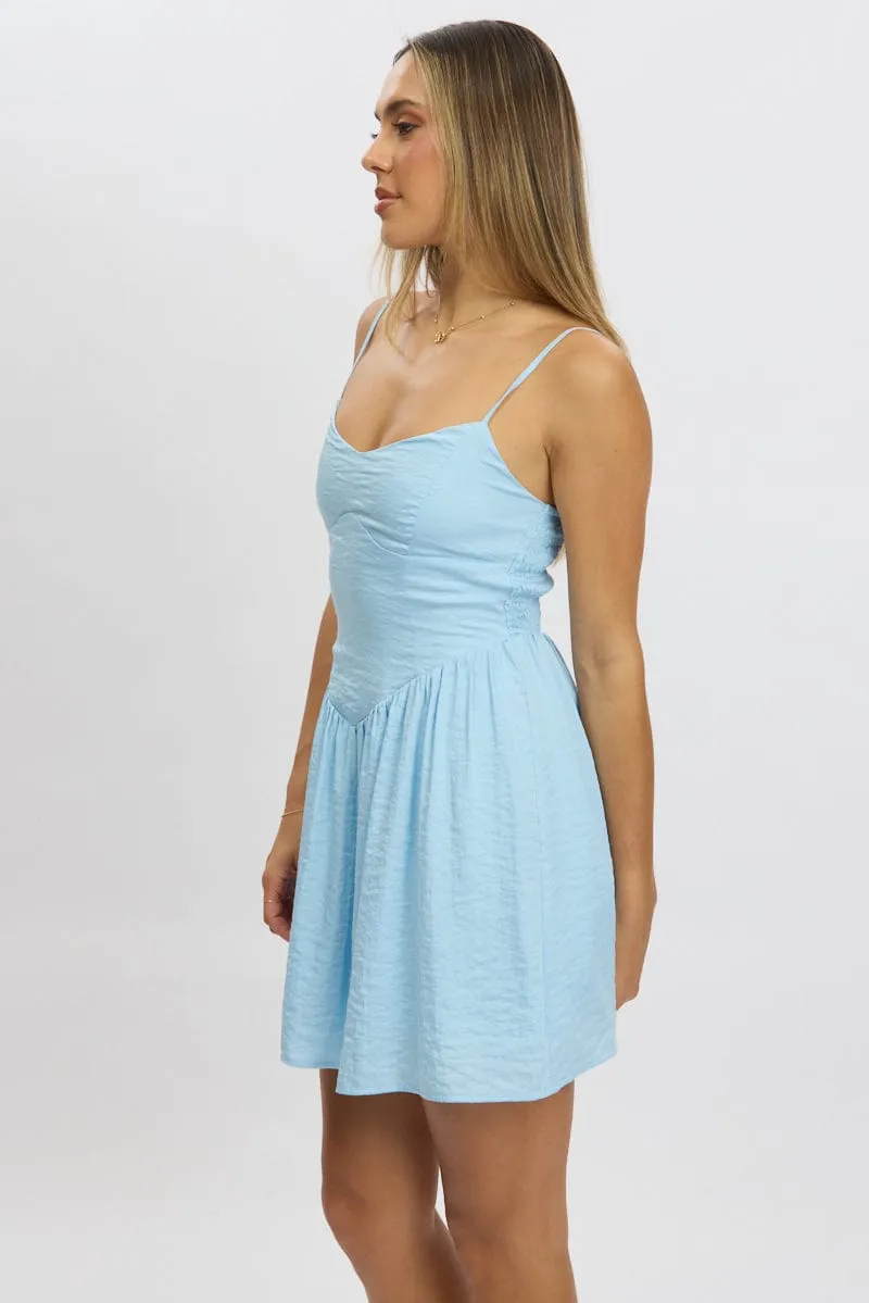 Blue Fit And Flare Dress Drop Waist Mini