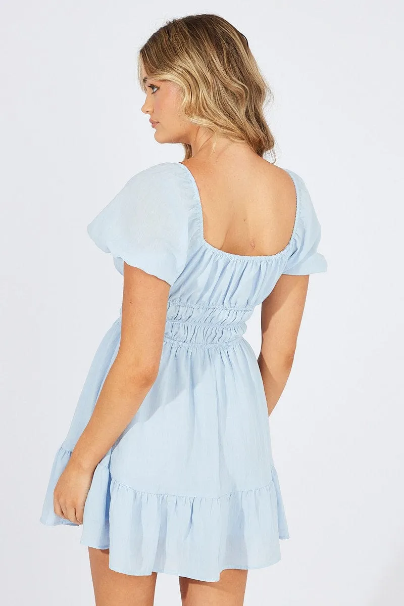 Blue Fit And Flare Dress Puff Sleeve Mini