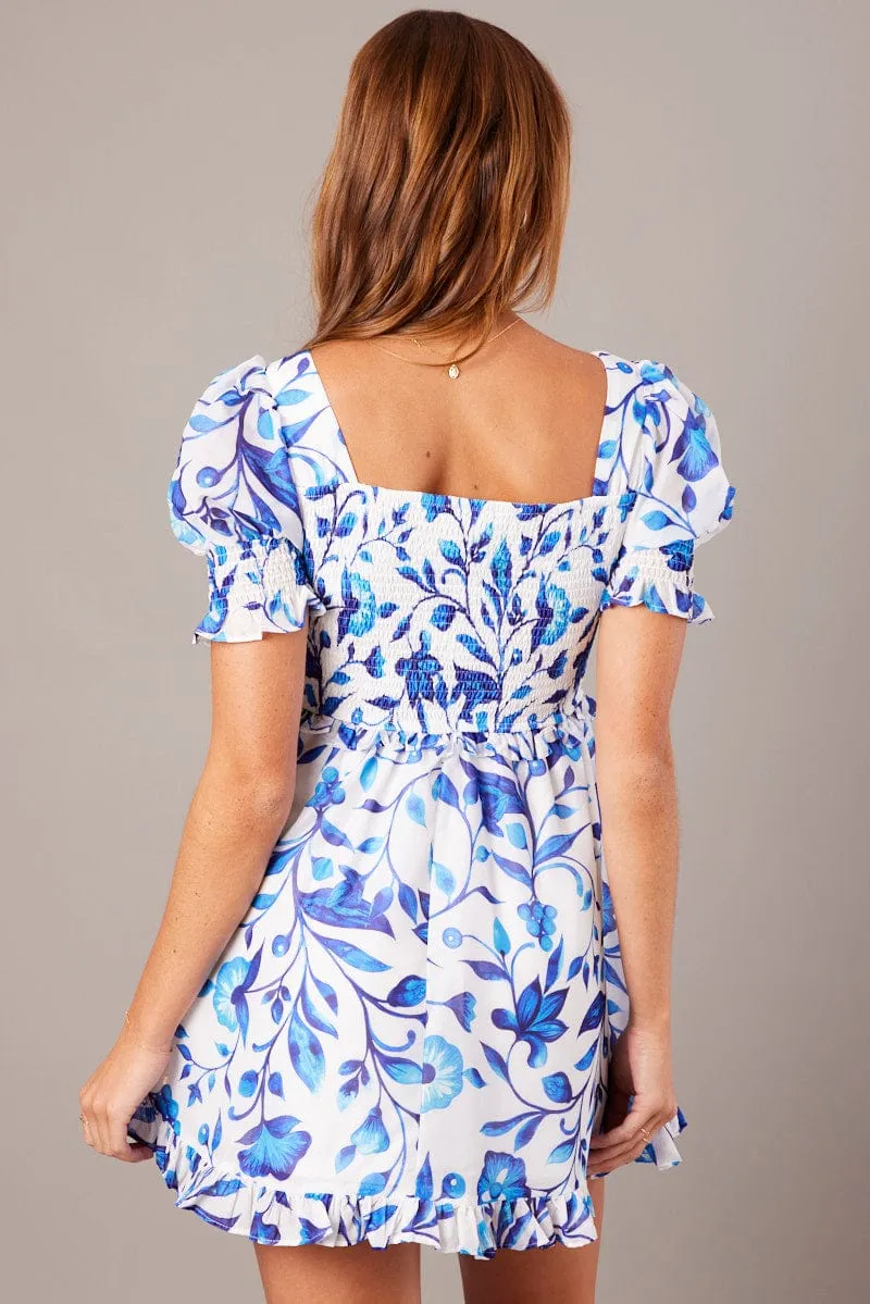 Blue Floral Fit And Flare Dress Puff Sleeve