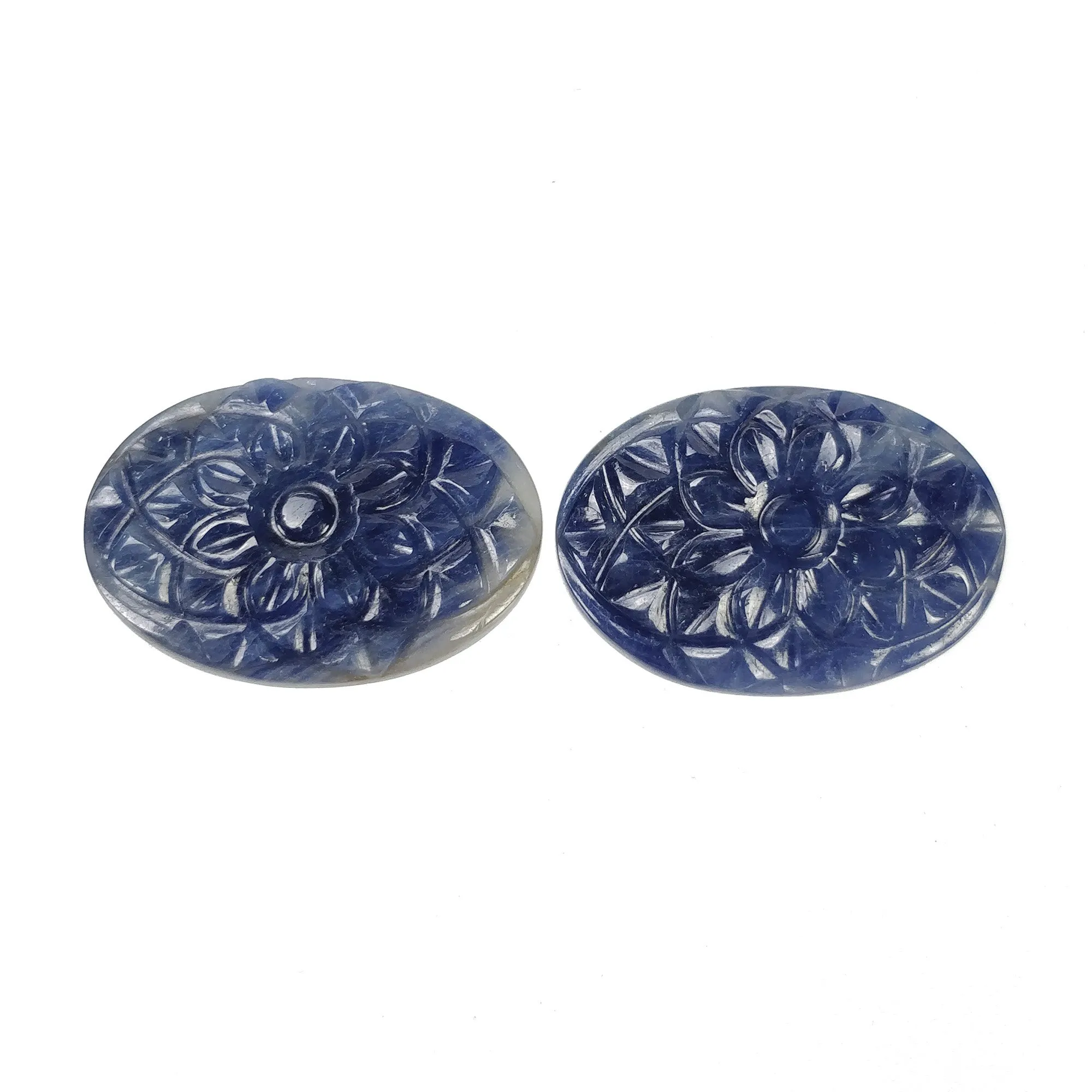 BLUE SAPPHIRE Gemstone Carving : 51.70cts Natural Untreated Unheated Sapphire Hand Carved Oval Shape 25*19mm Pair (With Video)