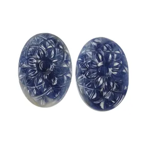 BLUE SAPPHIRE Gemstone Carving : 51.70cts Natural Untreated Unheated Sapphire Hand Carved Oval Shape 25*19mm Pair (With Video)