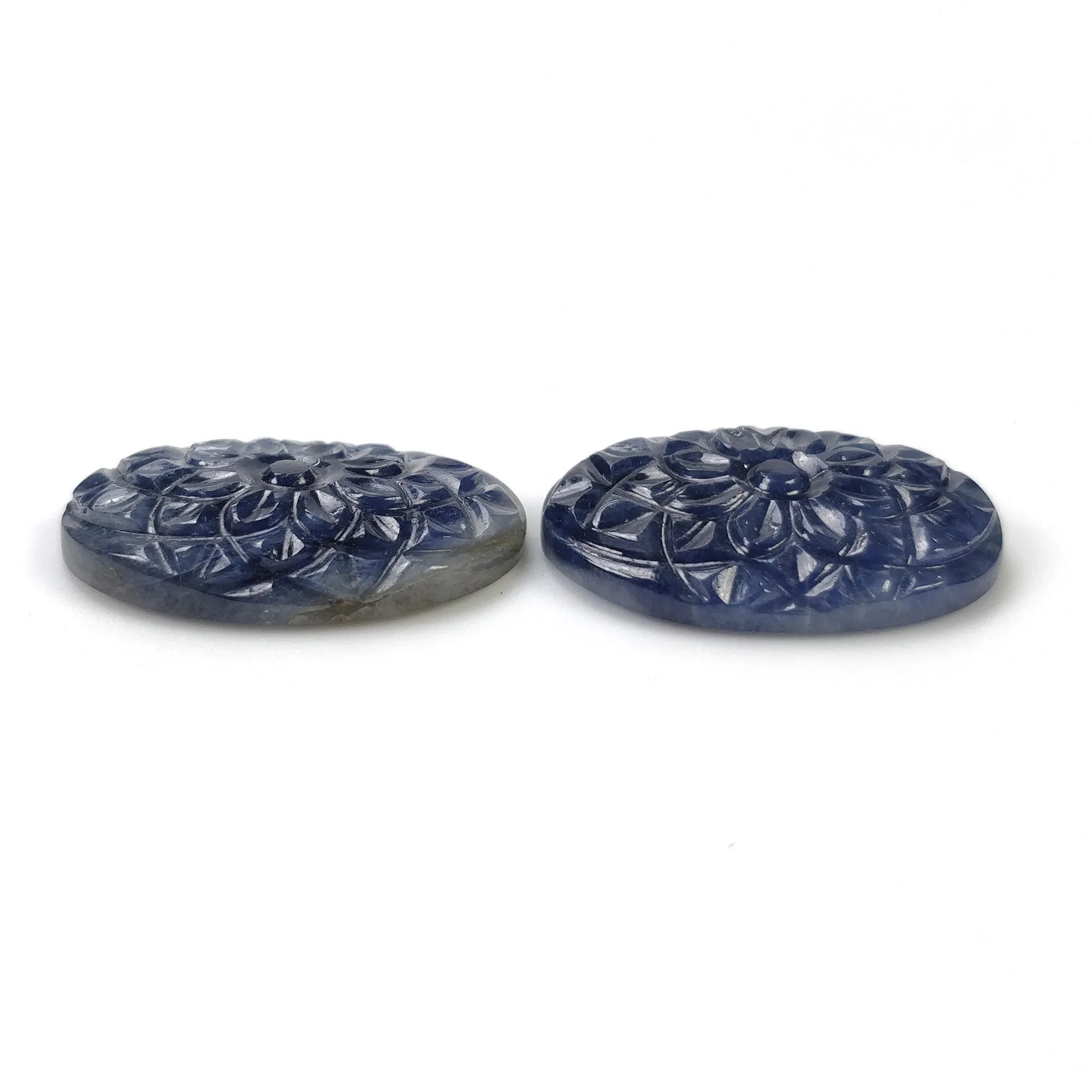 BLUE SAPPHIRE Gemstone Carving : 51.70cts Natural Untreated Unheated Sapphire Hand Carved Oval Shape 25*19mm Pair (With Video)