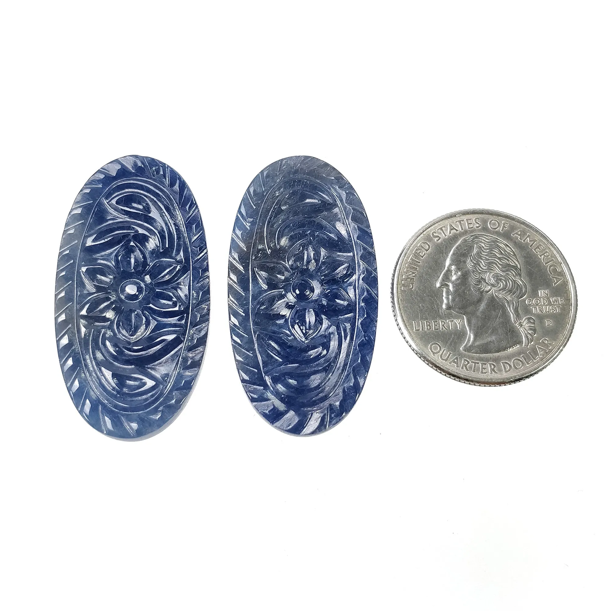 BLUE SAPPHIRE Gemstone Carving : 61.50cts Natural Untreated Unheated Sapphire Hand Carved Oval Shape 38*20mm Pair (With Video)