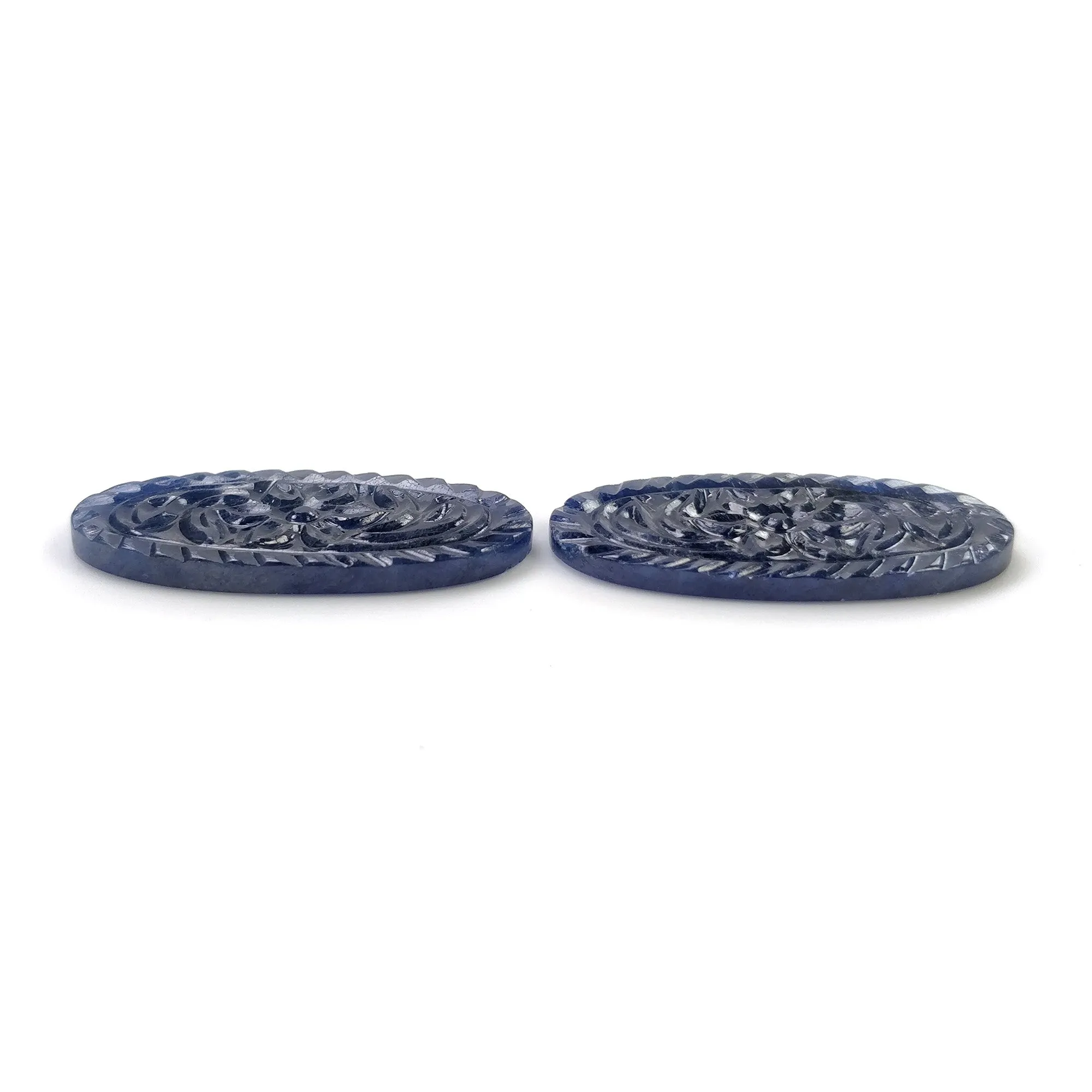 BLUE SAPPHIRE Gemstone Carving : 61.50cts Natural Untreated Unheated Sapphire Hand Carved Oval Shape 38*20mm Pair (With Video)