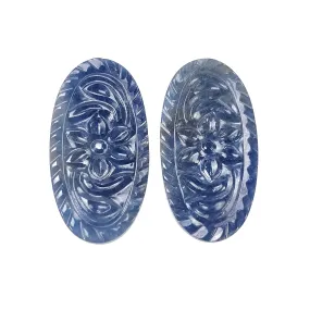 BLUE SAPPHIRE Gemstone Carving : 61.50cts Natural Untreated Unheated Sapphire Hand Carved Oval Shape 38*20mm Pair (With Video)