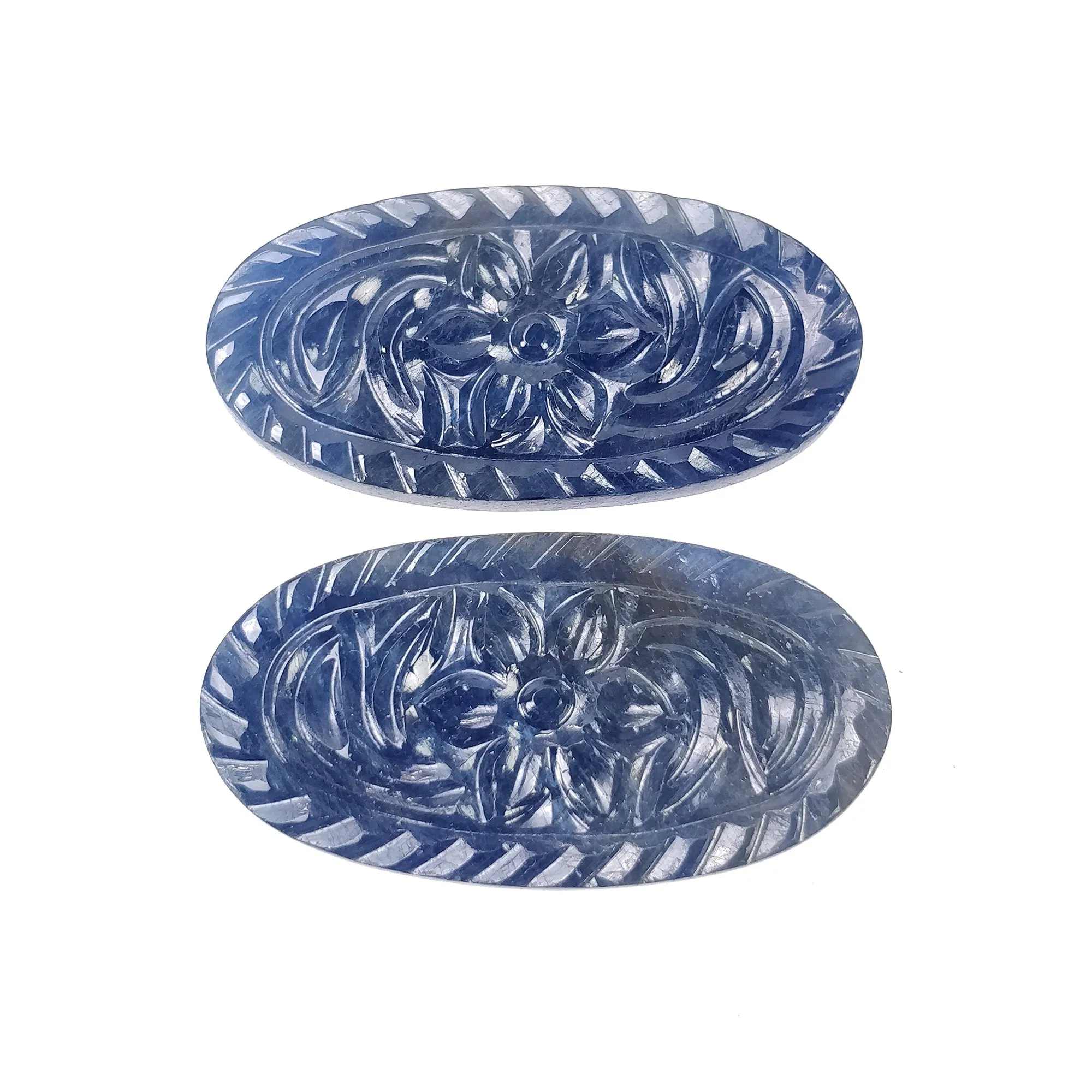 BLUE SAPPHIRE Gemstone Carving : 61.50cts Natural Untreated Unheated Sapphire Hand Carved Oval Shape 38*20mm Pair (With Video)