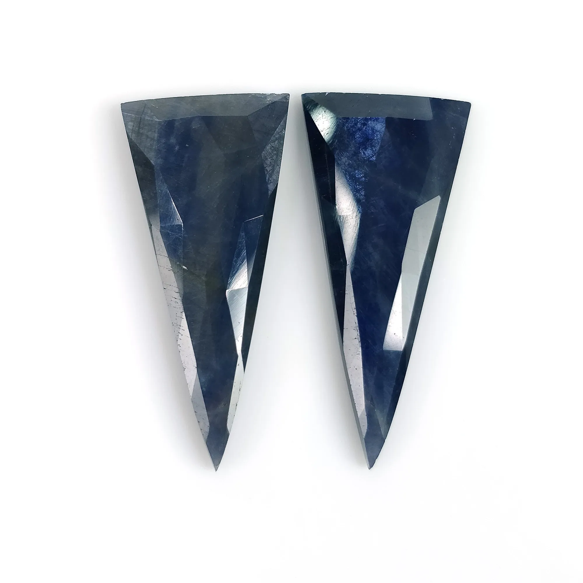 BLUE SAPPHIRE Gemstone Rose Cut : 42.75cts Natural Untreated Unheated Sapphire Triangle Shape 35*16mm Pair (With Video)