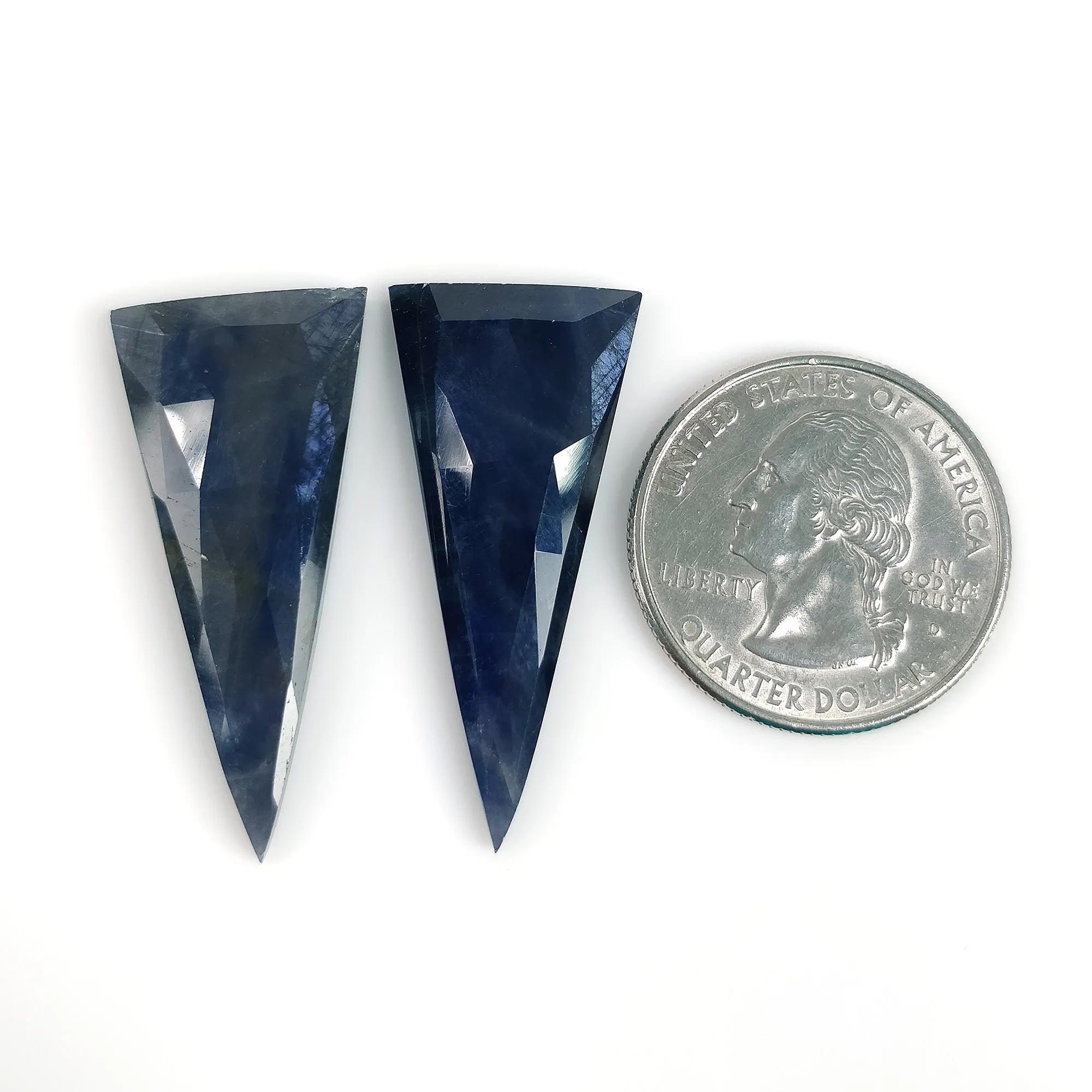 BLUE SAPPHIRE Gemstone Rose Cut : 42.75cts Natural Untreated Unheated Sapphire Triangle Shape 35*16mm Pair (With Video)