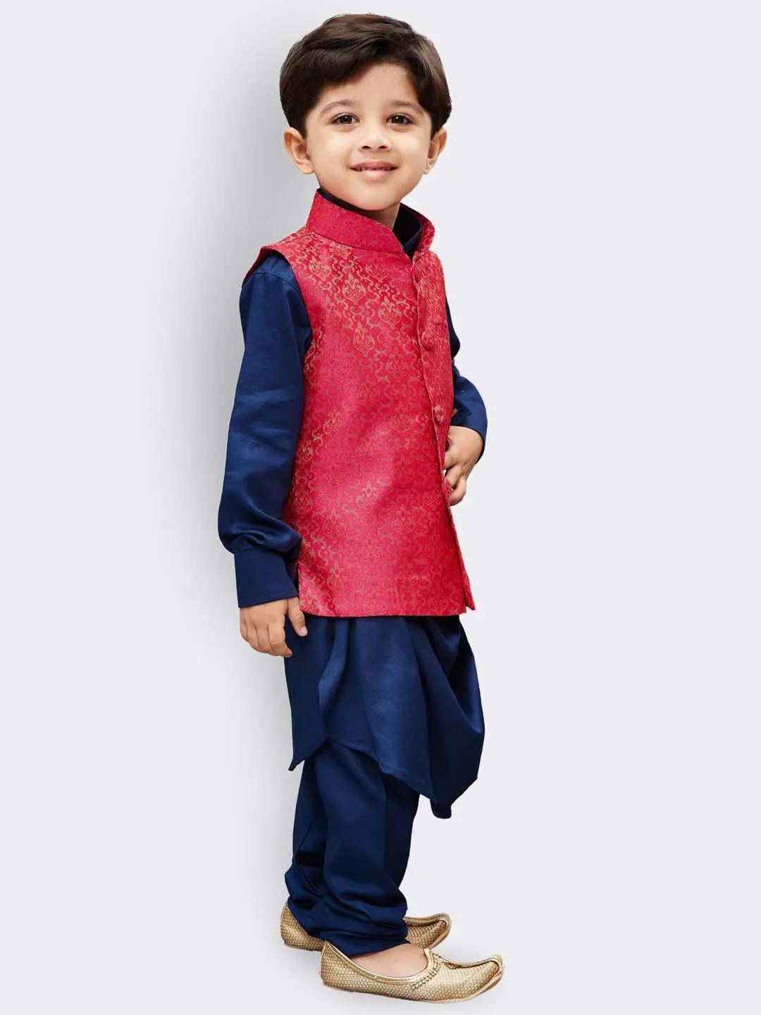 Boys' Blue Cotton Kurta, Waistcoat and Pyjama Set