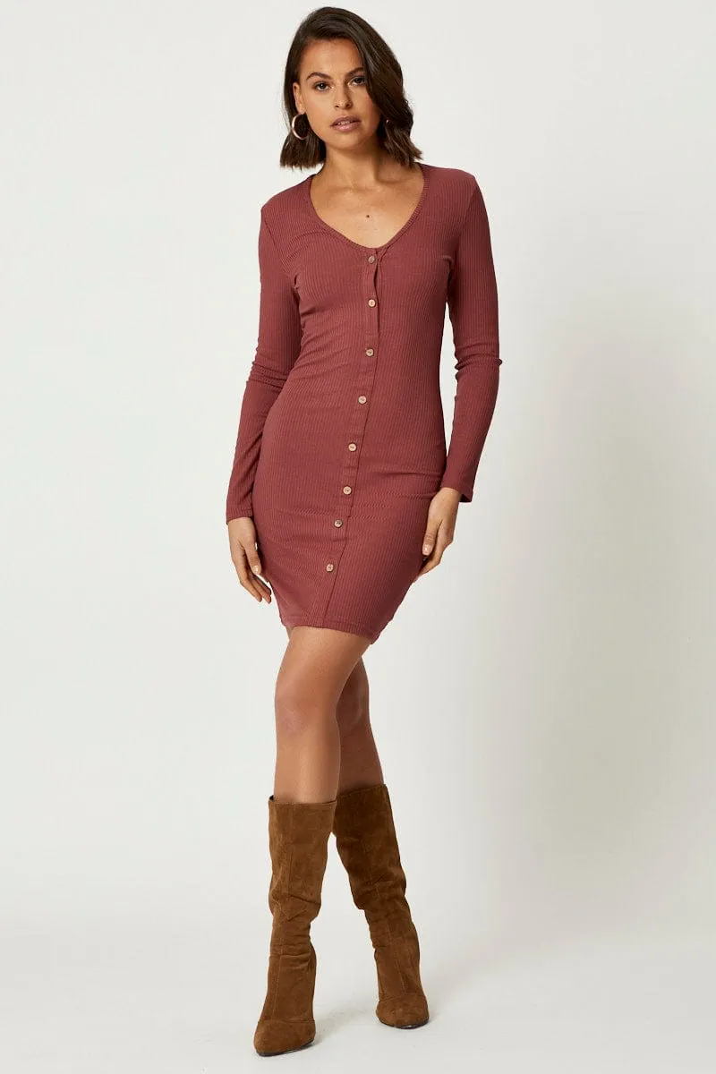 Brown Button Front Bodycon Dress