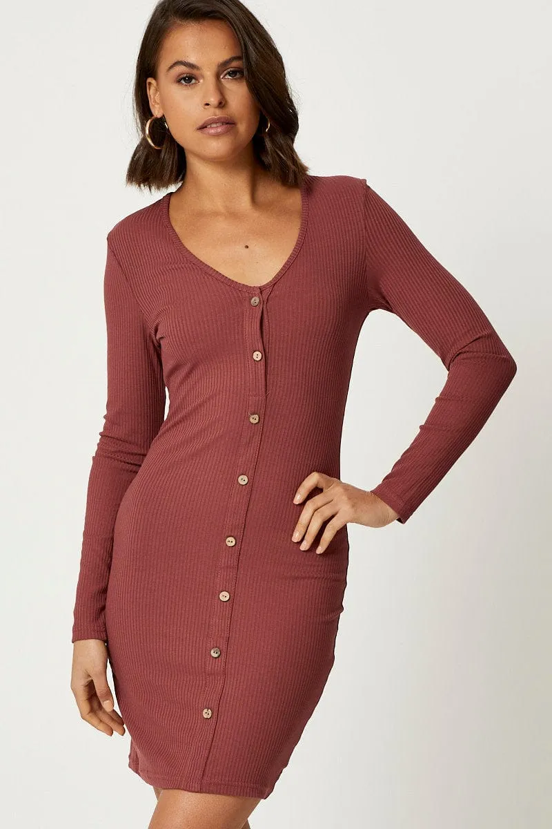 Brown Button Front Bodycon Dress