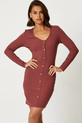 Brown Button Front Bodycon Dress