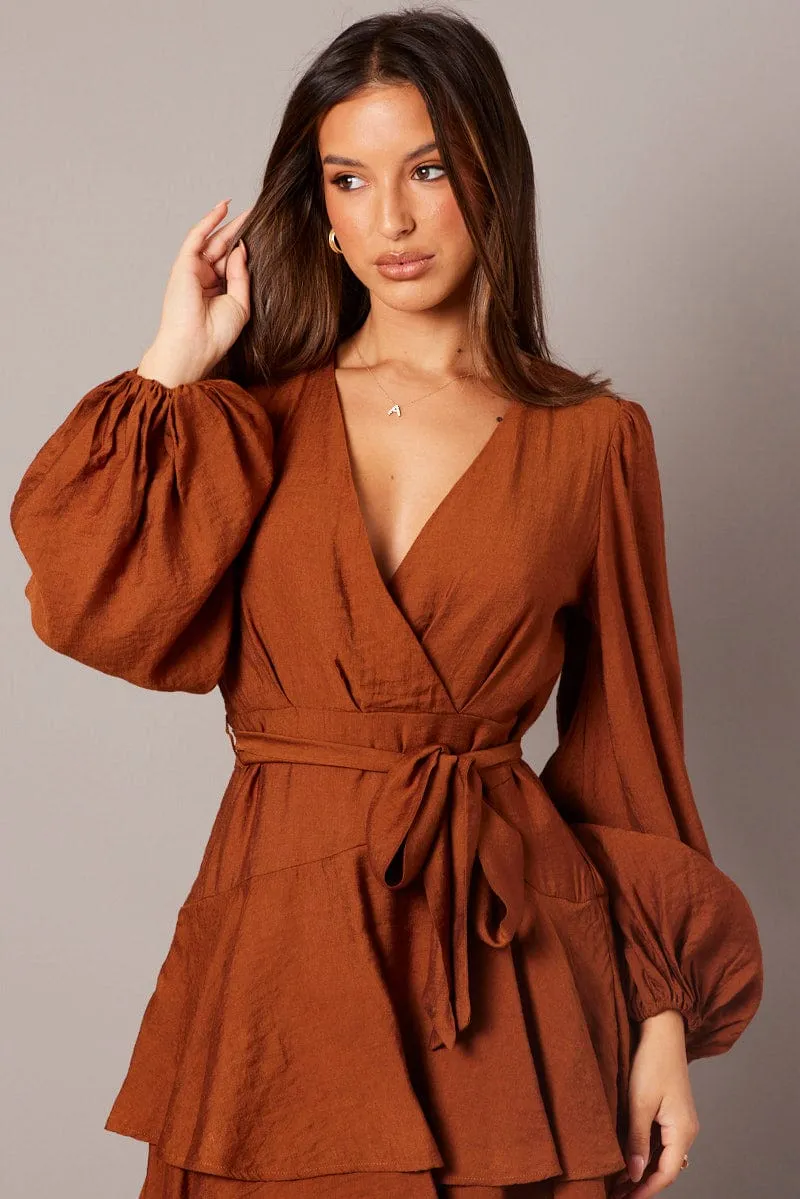 Brown Wrap Dress Mocha Satin Balloon Sleeve Dress