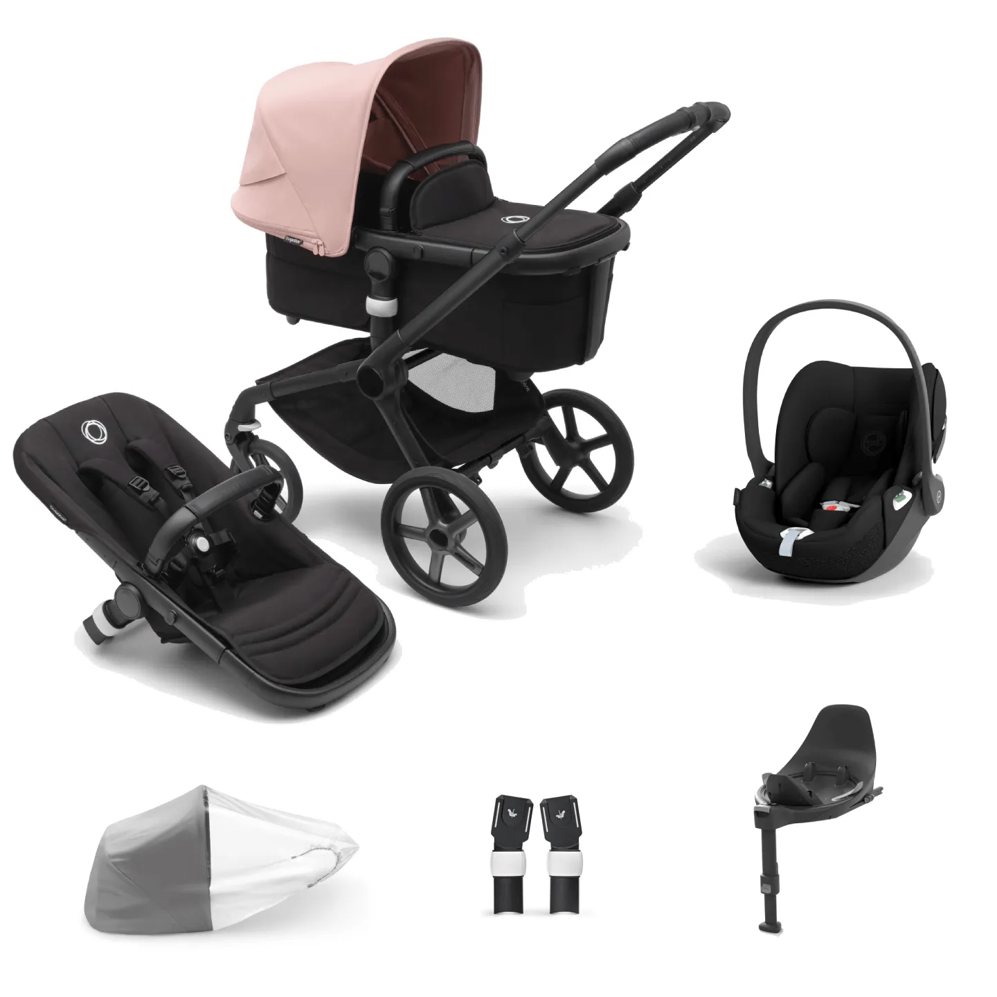 Bugaboo Fox 5, Cloud T Plus and Base Travel System - Black/Midnight Black/Morning Pink