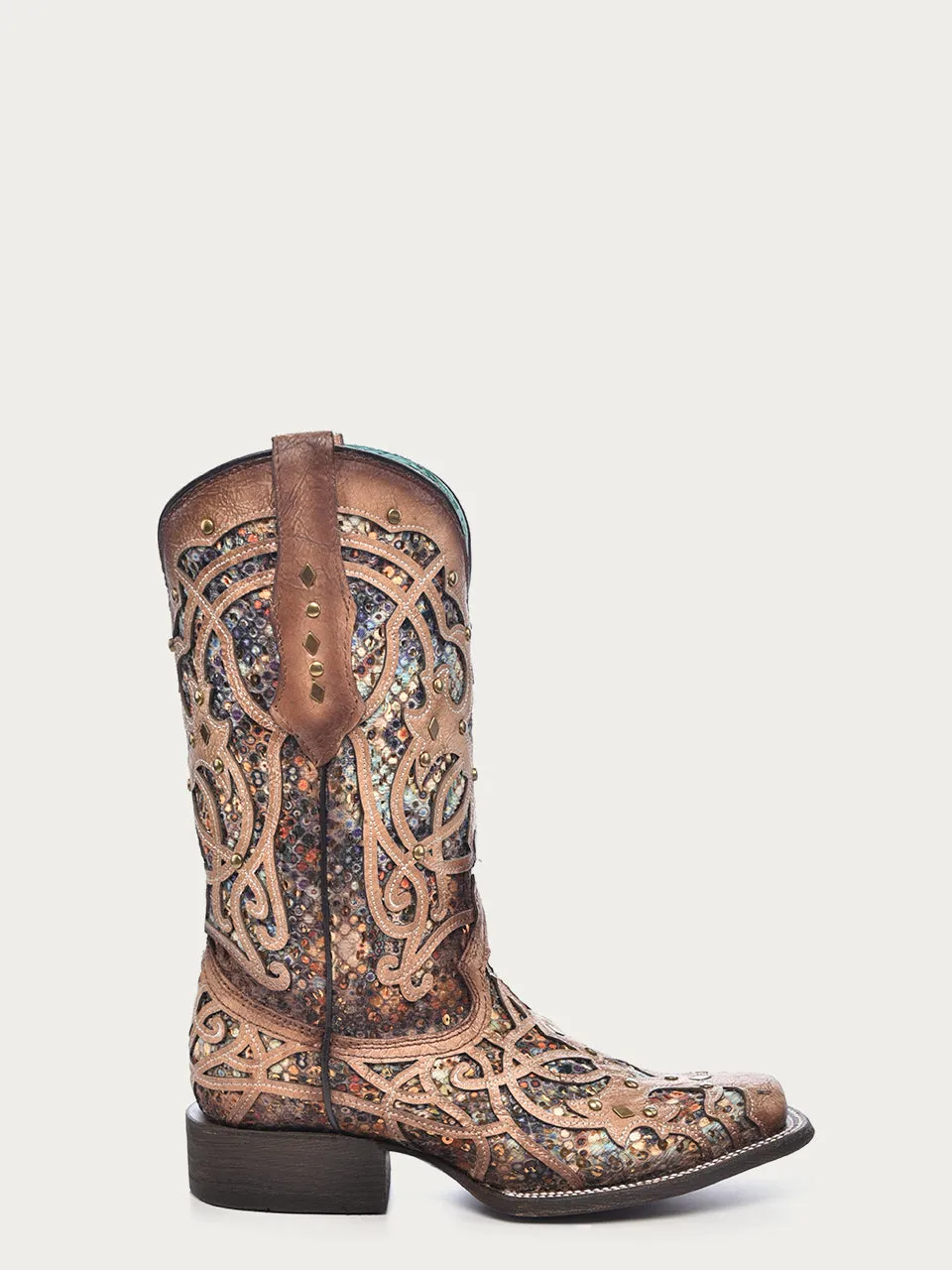 C3405 - WOMEN'S MULTICOLOR GLITTERED INLAY BONE COLOR SQUARE TOE COWBOY BOOT