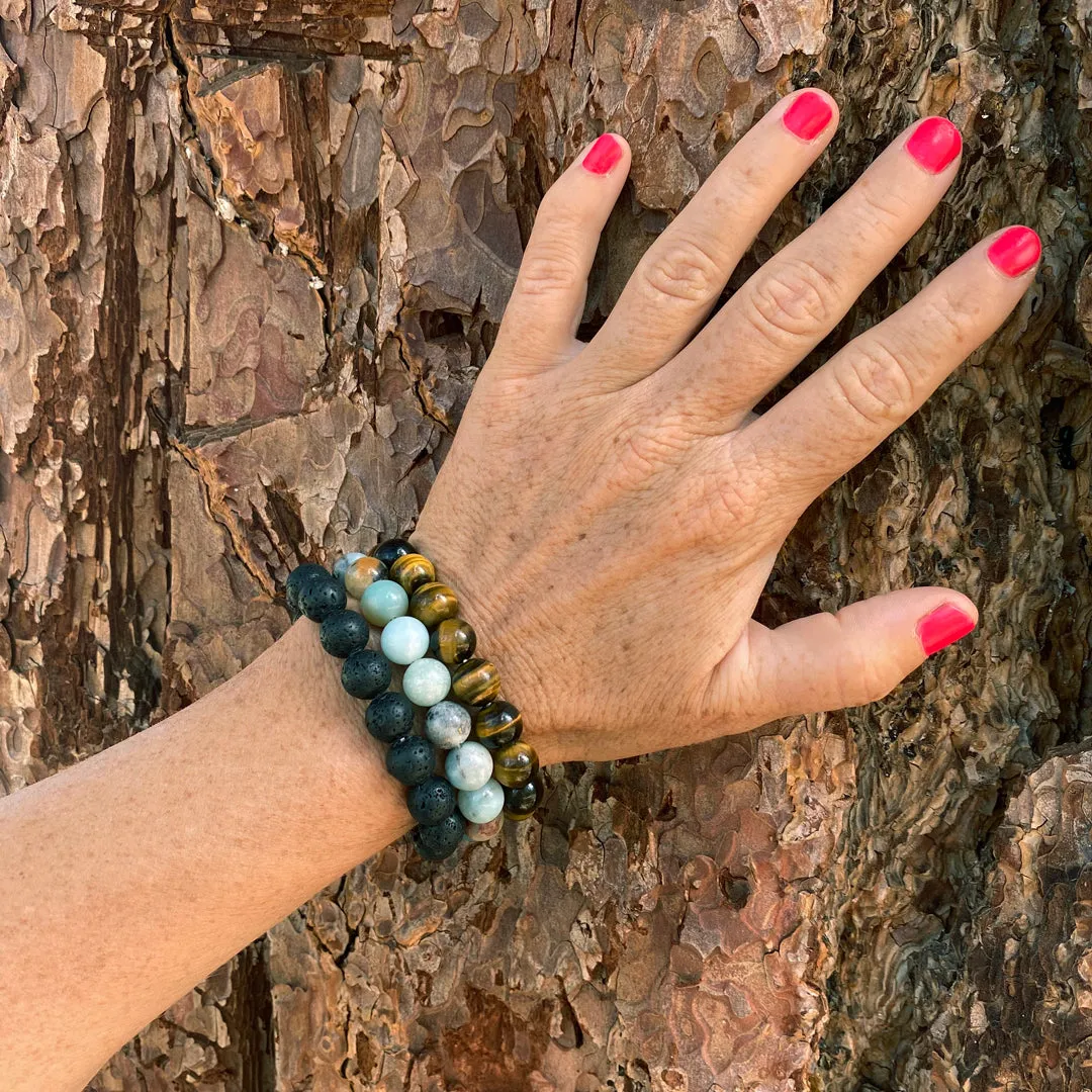 Calming Anxiety Jewelry Set: Lava Stone, Amazonite and Tiger Eye Bracelet Trio