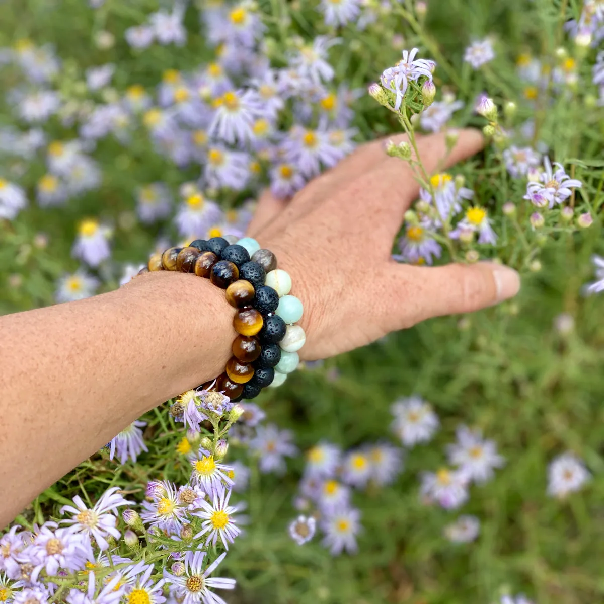 Calming Anxiety Jewelry Set: Lava Stone, Amazonite and Tiger Eye Bracelet Trio