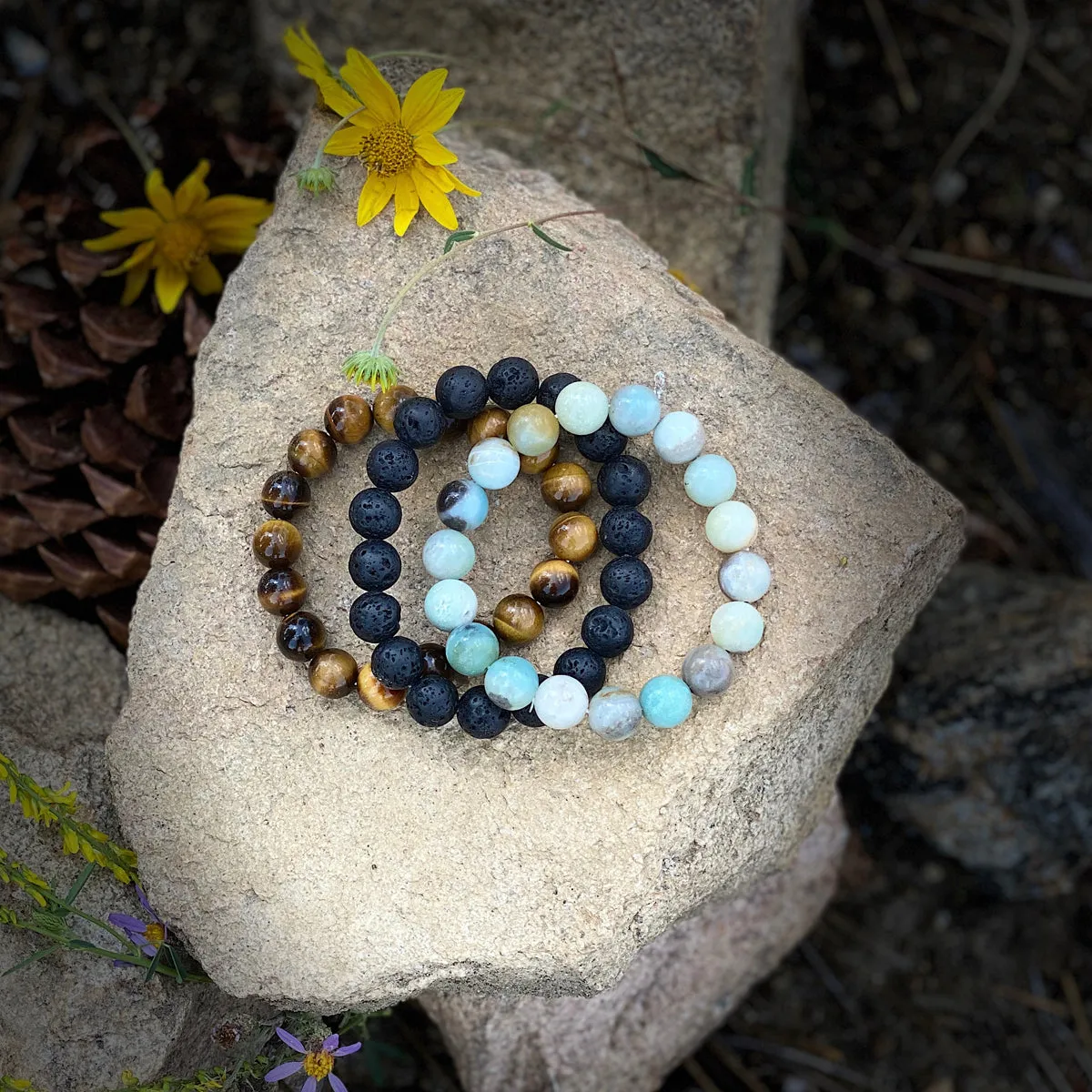 Calming Anxiety Jewelry Set: Lava Stone, Amazonite and Tiger Eye Bracelet Trio