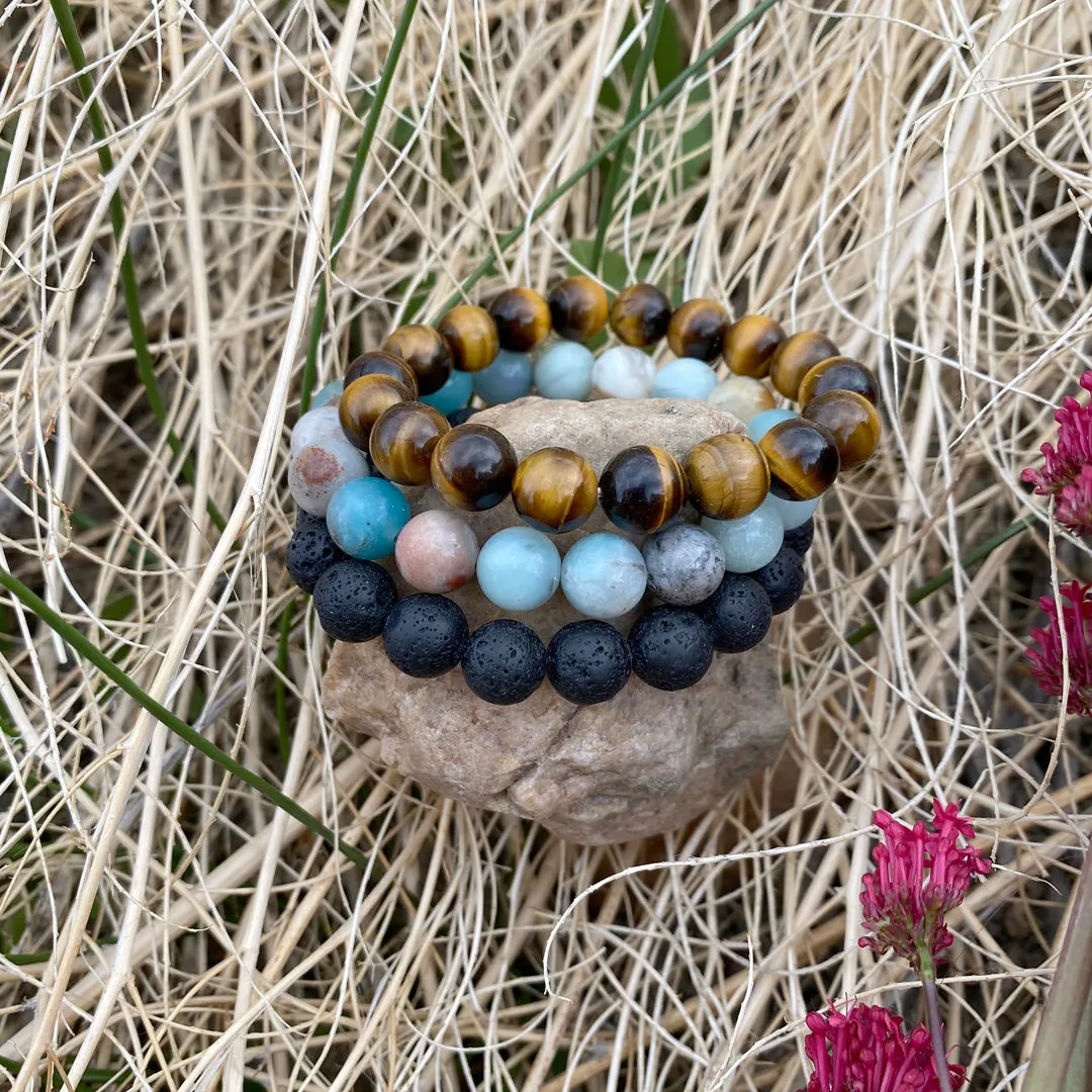 Calming Anxiety Jewelry Set: Lava Stone, Amazonite and Tiger Eye Bracelet Trio