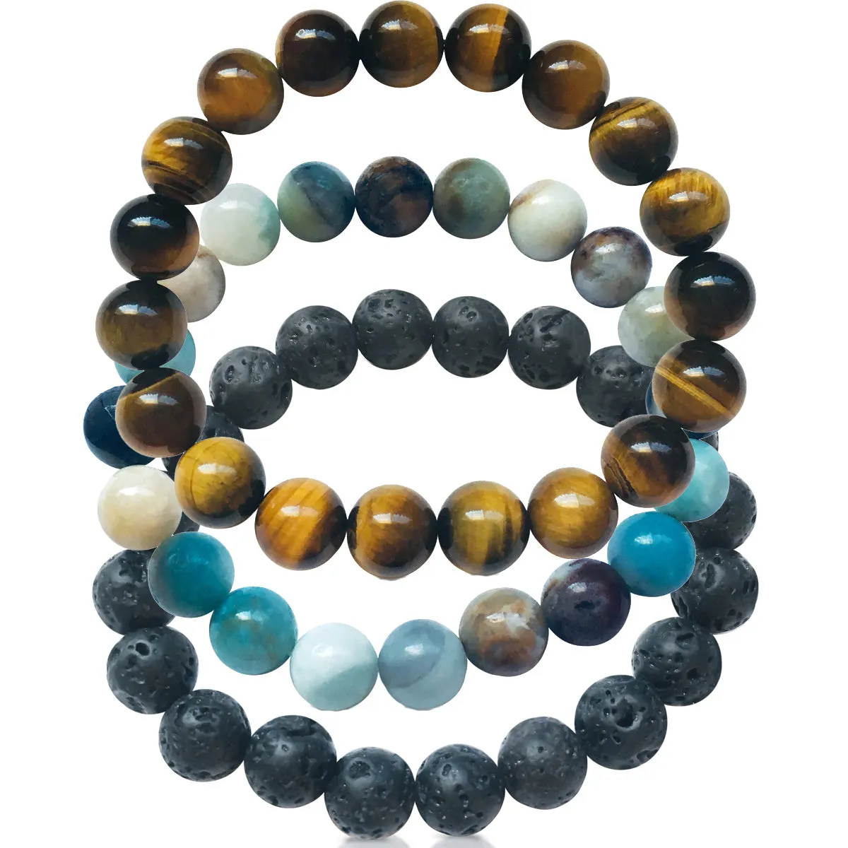 Calming Anxiety Jewelry Set: Lava Stone, Amazonite and Tiger Eye Bracelet Trio