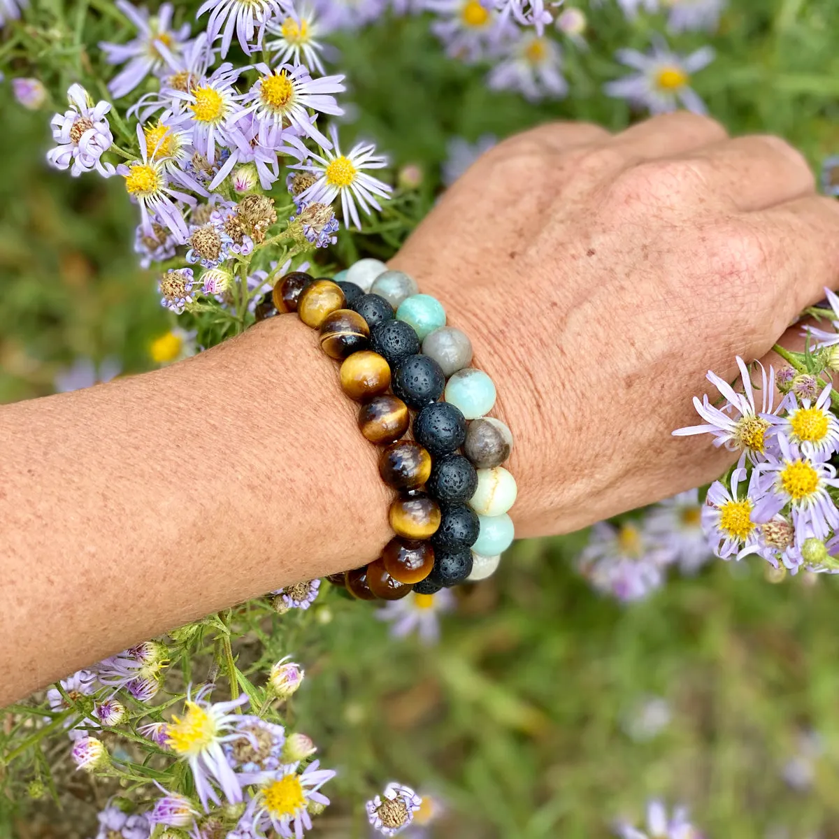 Calming Anxiety Jewelry Set: Lava Stone, Amazonite and Tiger Eye Bracelet Trio