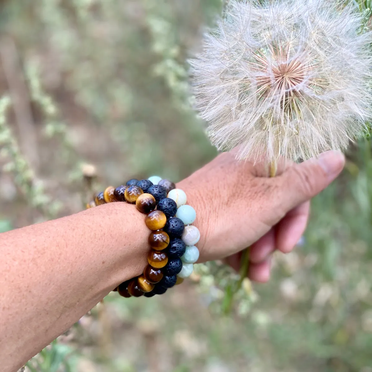 Calming Anxiety Jewelry Set: Lava Stone, Amazonite and Tiger Eye Bracelet Trio