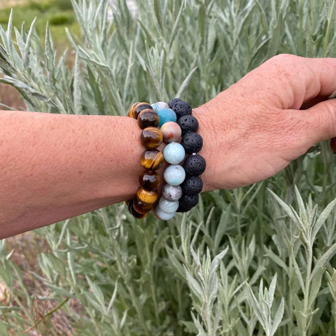 Calming Anxiety Jewelry Set: Lava Stone, Amazonite and Tiger Eye Bracelet Trio