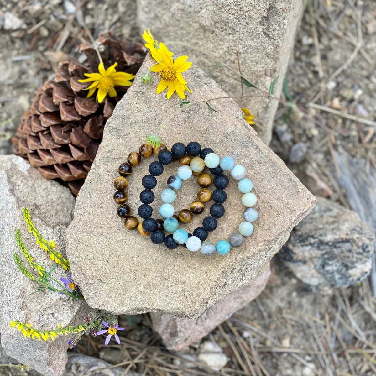 Calming Anxiety Jewelry Set: Lava Stone, Amazonite and Tiger Eye Bracelet Trio