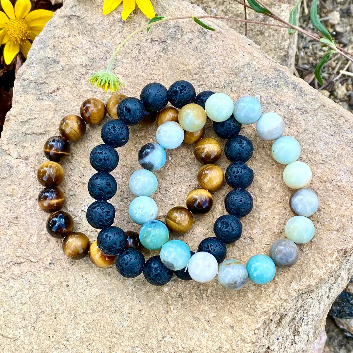 Calming Anxiety Jewelry Set: Lava Stone, Amazonite and Tiger Eye Bracelet Trio