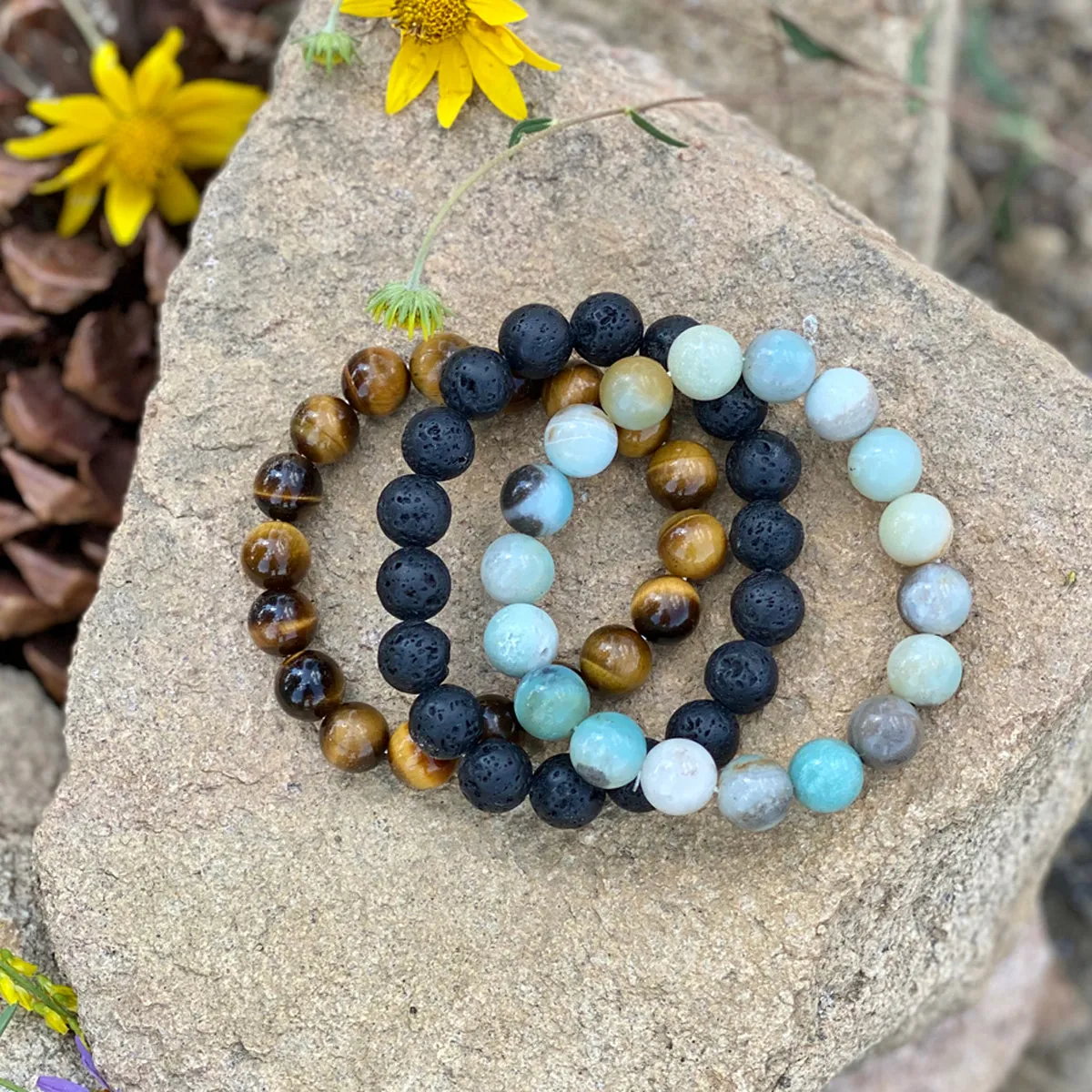 Calming Anxiety Jewelry Set: Lava Stone, Amazonite and Tiger Eye Bracelet Trio