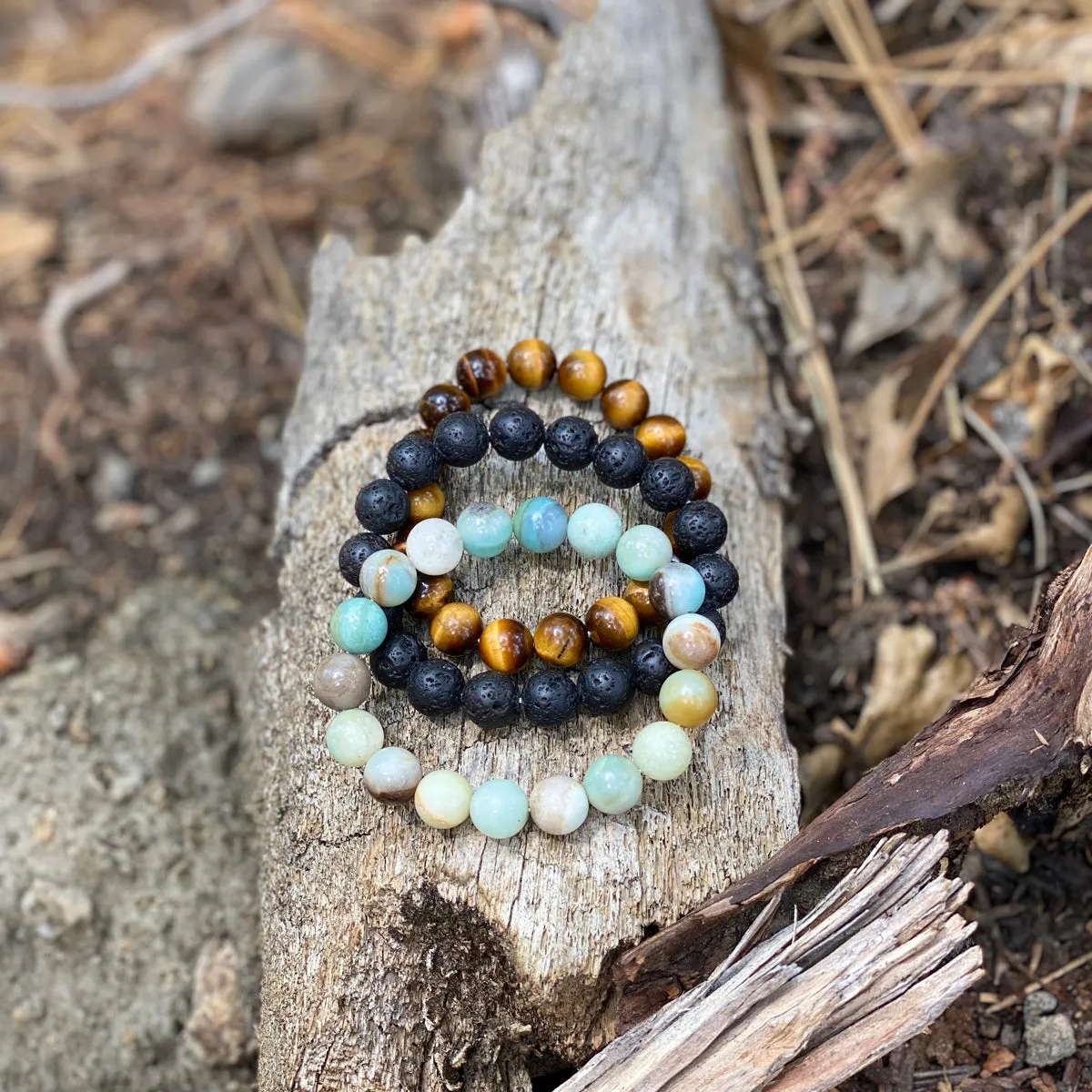 Calming Anxiety Jewelry Set: Lava Stone, Amazonite and Tiger Eye Bracelet Trio