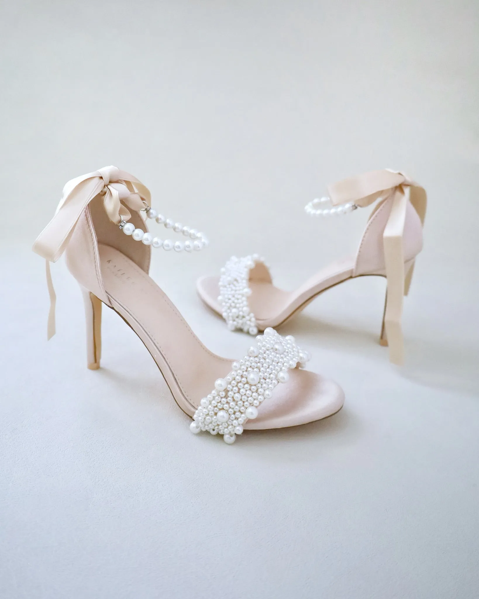 Champagne Satin High Heel Evening Sandals with Perla Applique