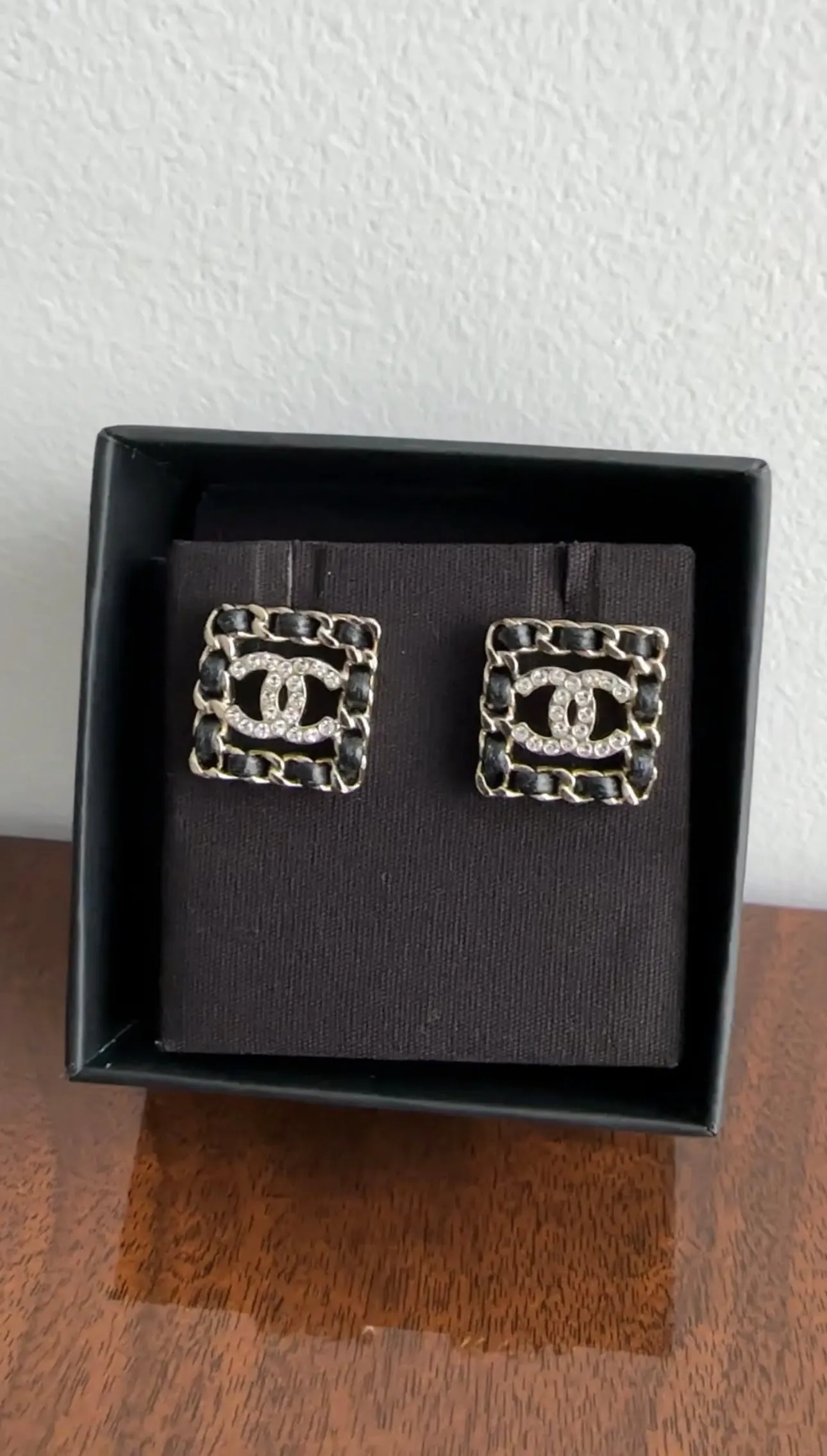 Chanel 21B Light Gold Square Leather Braid CC Crystal Earrings