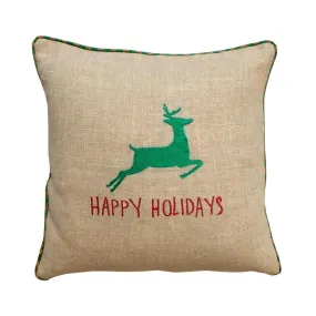 Christmas linen pillow cover, reindeer, Indian brocade applique, embroidered pillow size 16"X 16"