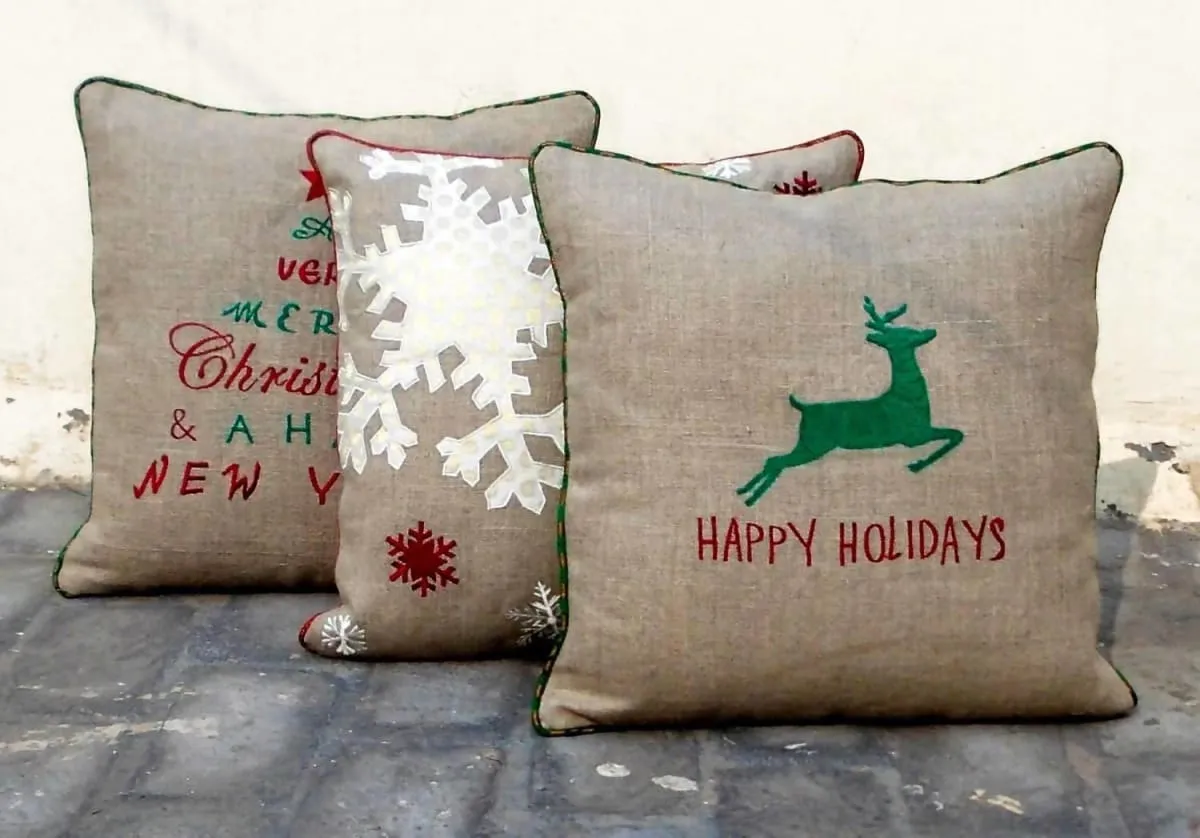 Christmas linen pillow cover, reindeer, Indian brocade applique, embroidered pillow size 16"X 16"