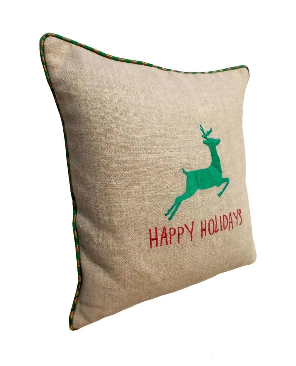 Christmas linen pillow cover, reindeer, Indian brocade applique, embroidered pillow size 16"X 16"