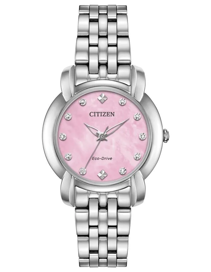 Citizen Ladies Eco-Drive Jolie Watch - Stainless Steel - Diamond Markers - Pink