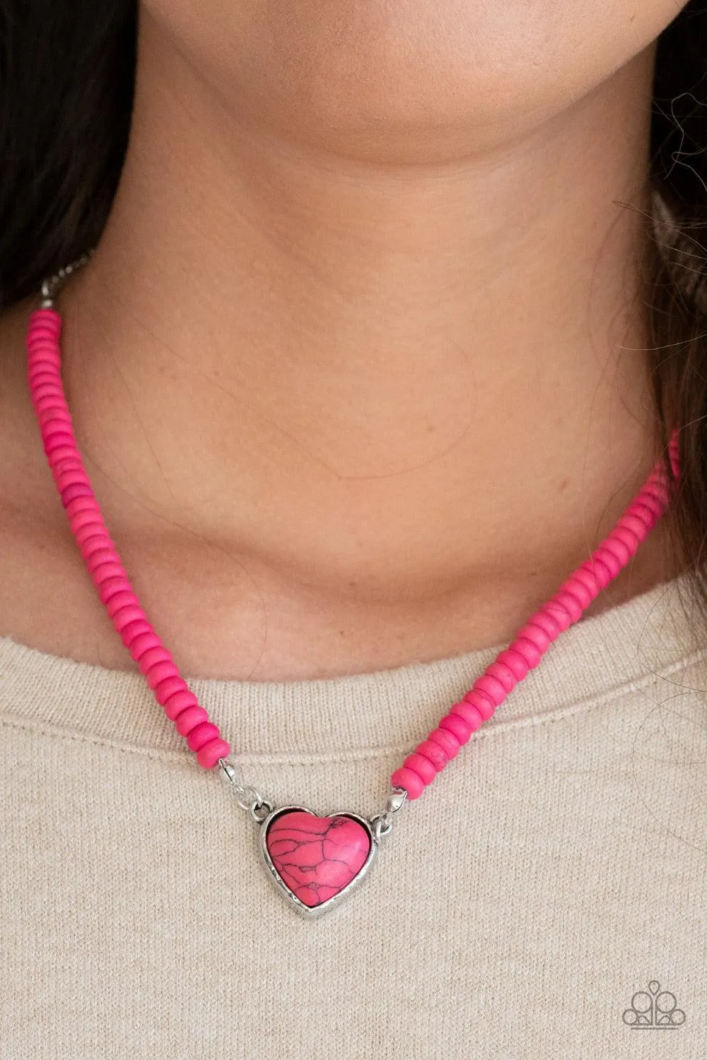 Country Sweetheart Pink Stone Heart Necklace - Paparazzi Accessories