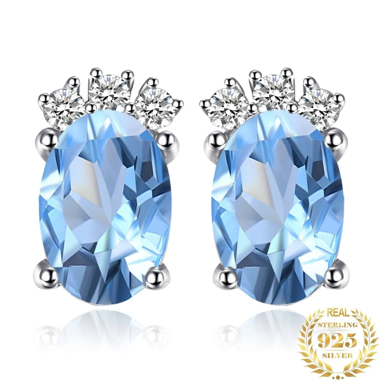 Crown 1ct Oval Natural Sky Blue Topaz Stud Earrings - 925 Sterling Silver