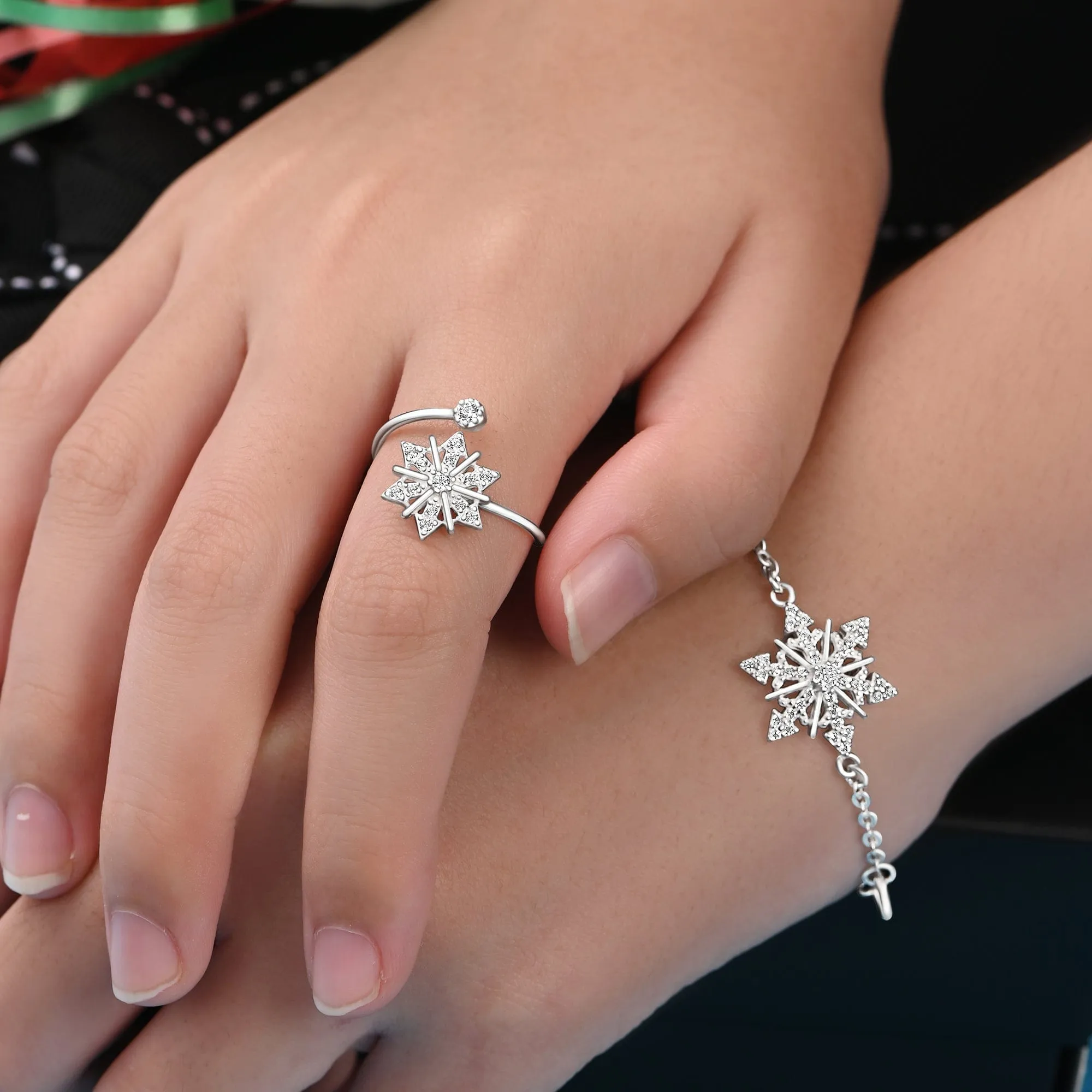 CZ Winter Star Silver Snowflake Ring Adjustable