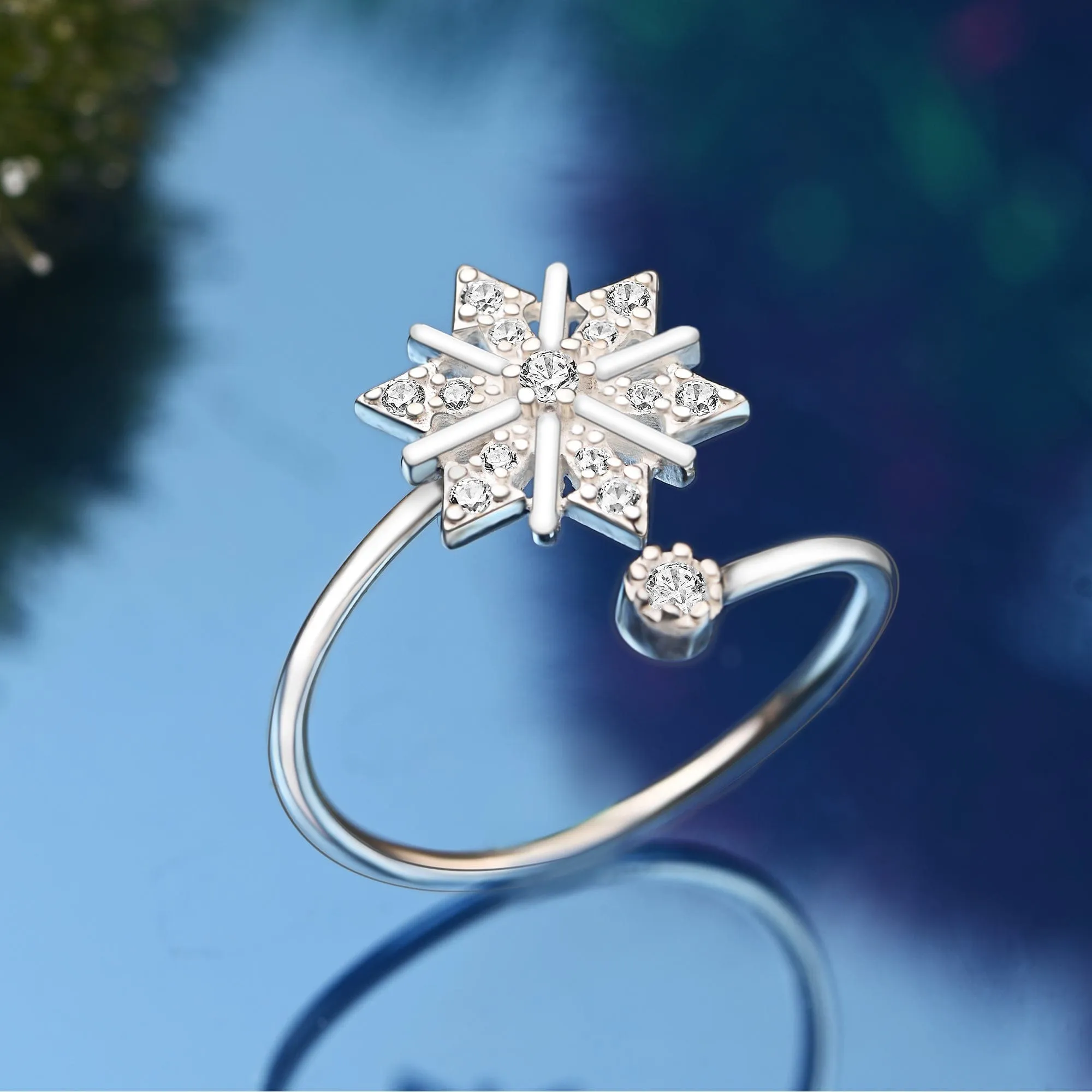 CZ Winter Star Silver Snowflake Ring Adjustable