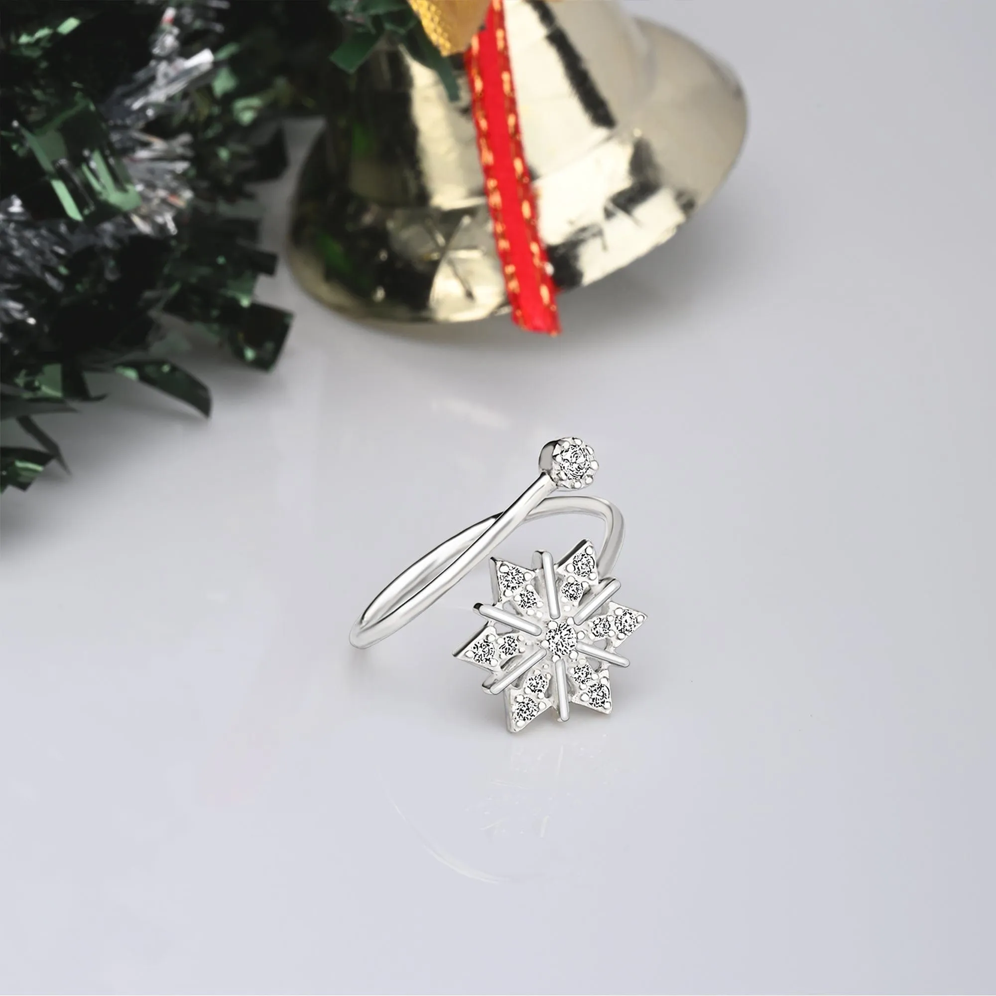 CZ Winter Star Silver Snowflake Ring Adjustable