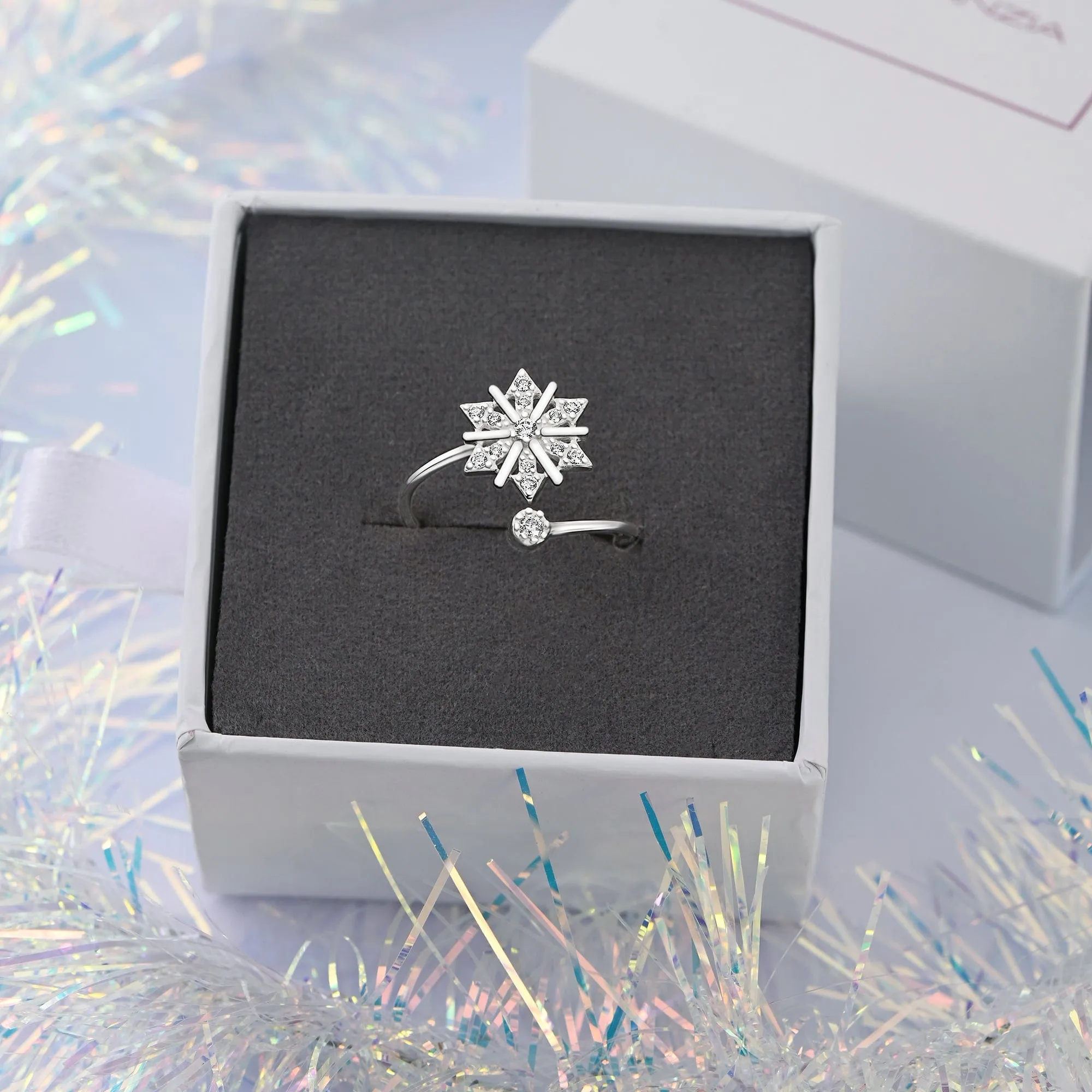 CZ Winter Star Silver Snowflake Ring Adjustable